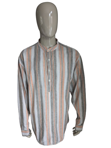 Vintage GW Polo Pullover / Hemd mit erhöhtem / Bauern / Mao -Kragen. Orange grau gestreift. 55% Leinen. Größe xxl.