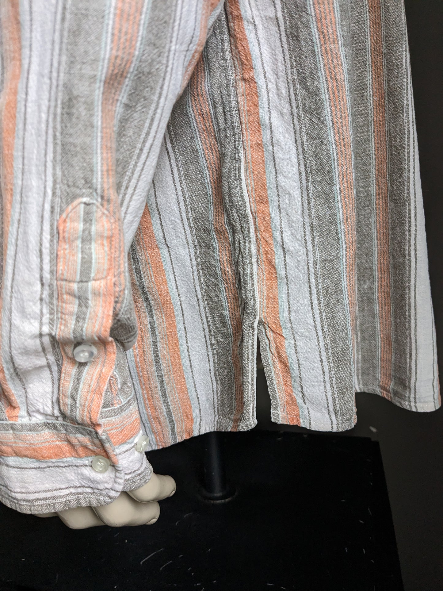 Vintage GW polo sweater / shirt with raised / farmers / mao collar. Orange gray striped. 55% linen. Size XXL.