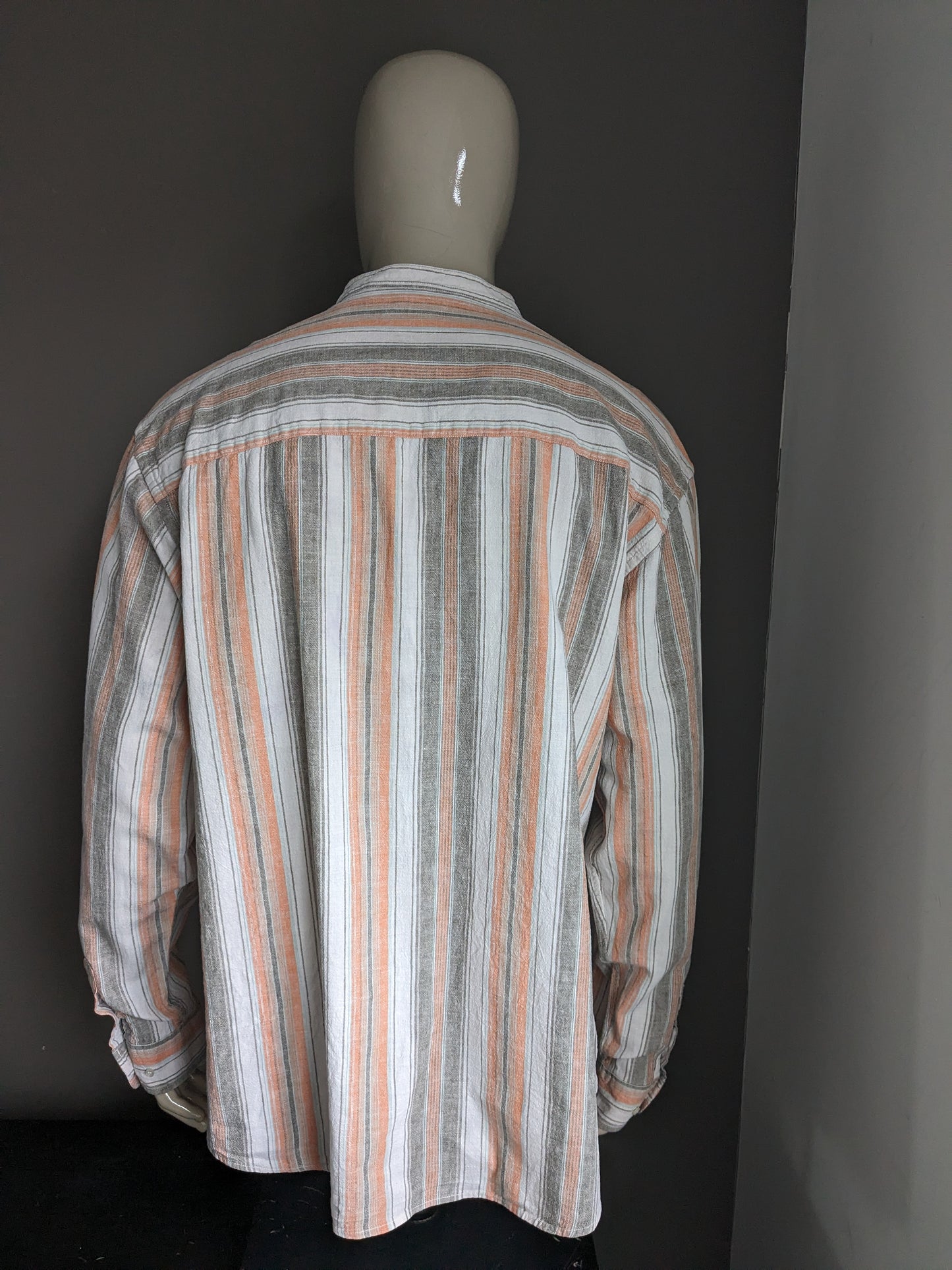 Vintage GW Polo Pullover / Hemd mit erhöhtem / Bauern / Mao -Kragen. Orange grau gestreift. 55% Leinen. Größe xxl.