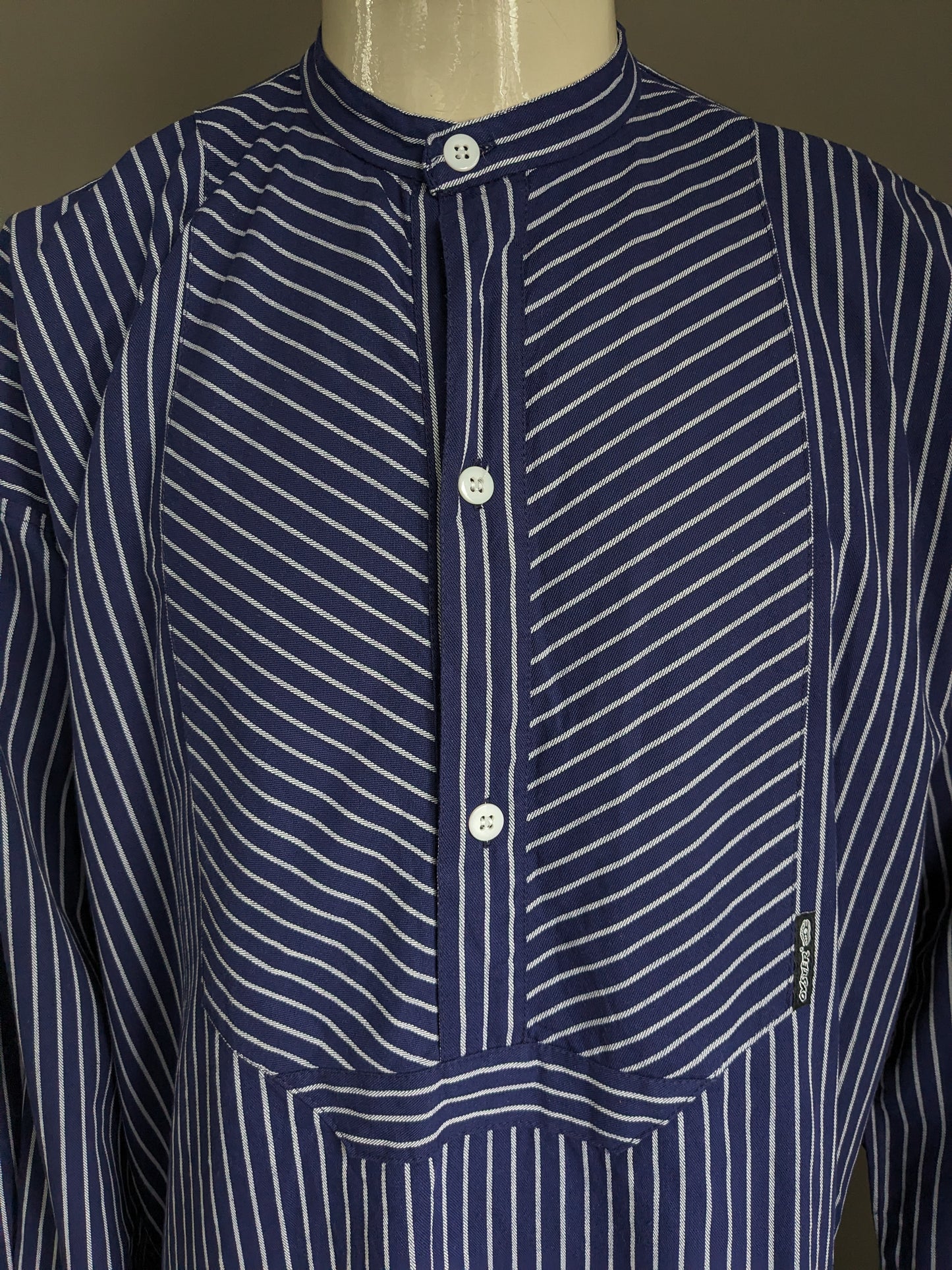 Vintage Duster polo sweater / shirt with raised / farmers / mao collar. Blue white striped. Size XXL / 2XL