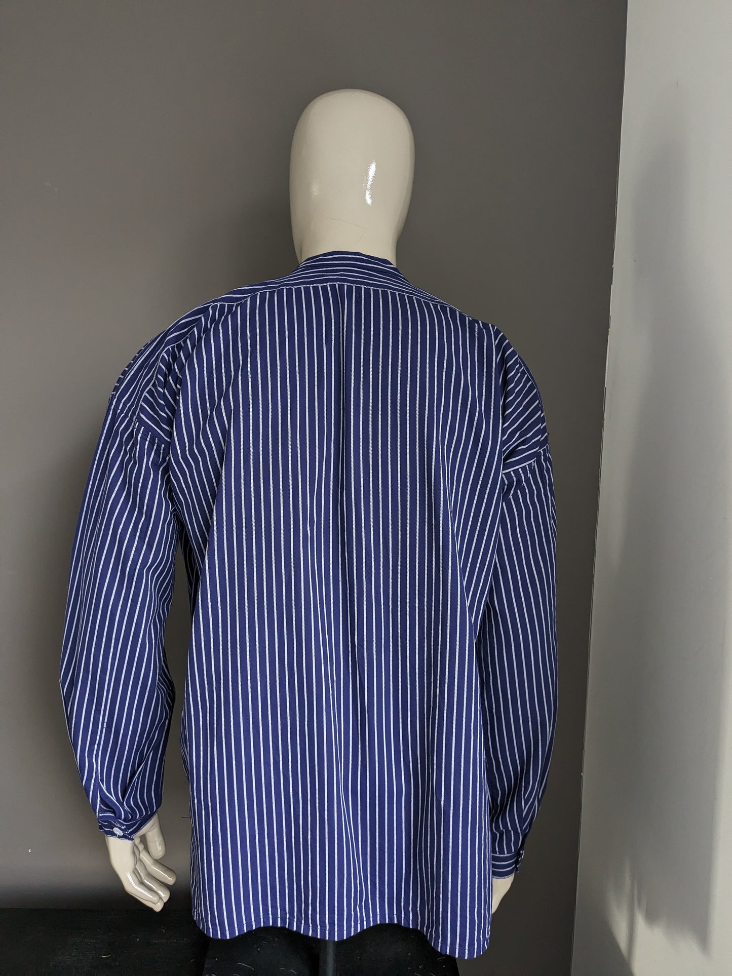 Vintage Duster polo trui / overhemd met opstaande / farmers / Mao kraag. Blauw wit gestreept. Maat XXL / 2XL