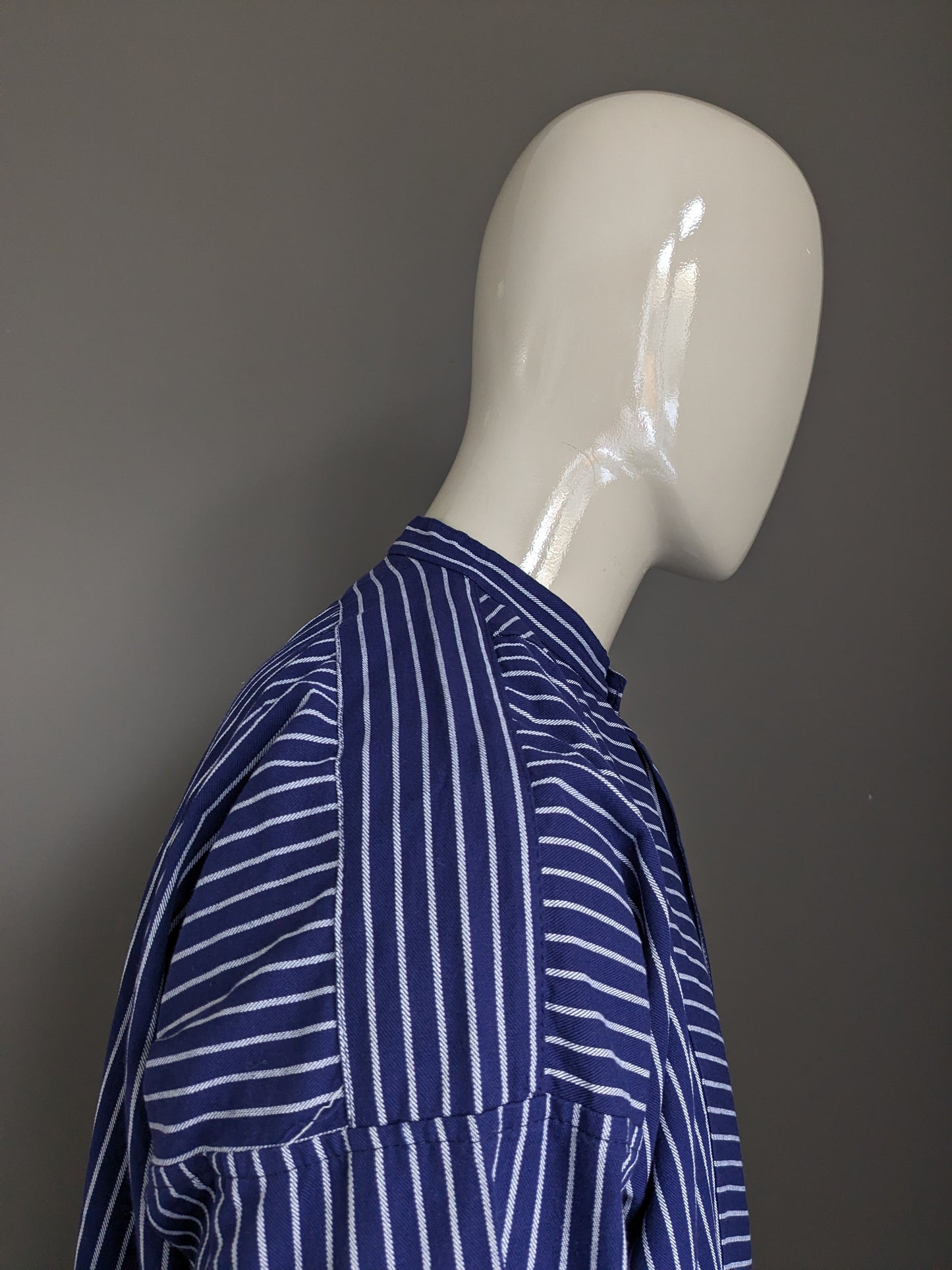 Vintage Duster polo sweater / shirt with raised / farmers / mao collar. Blue white striped. Size XXL / 2XL