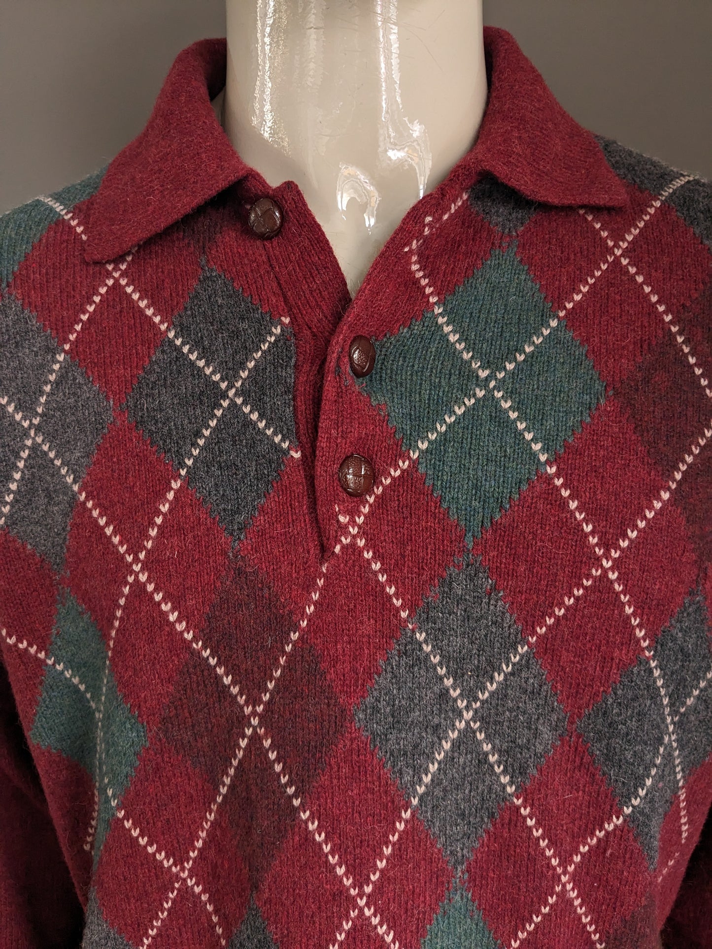 Vintage Van Vaan Shetland wollen Polo trui. Bordeaux Argyle motief. Maat XL.