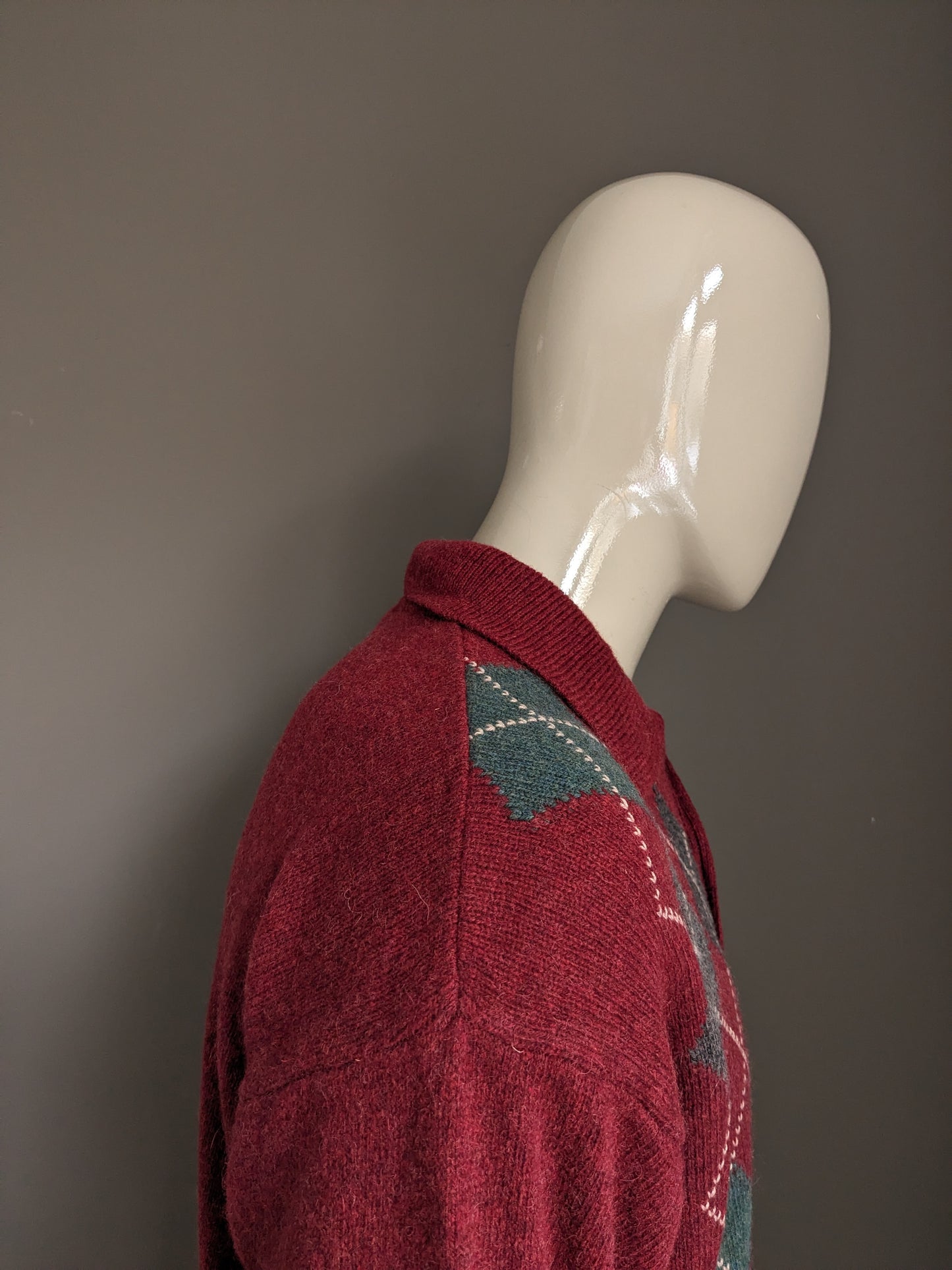 Vintage del suéter Vaan Shetland Wool Polo. Burdeos Motif Argyle. Tamaño xl.