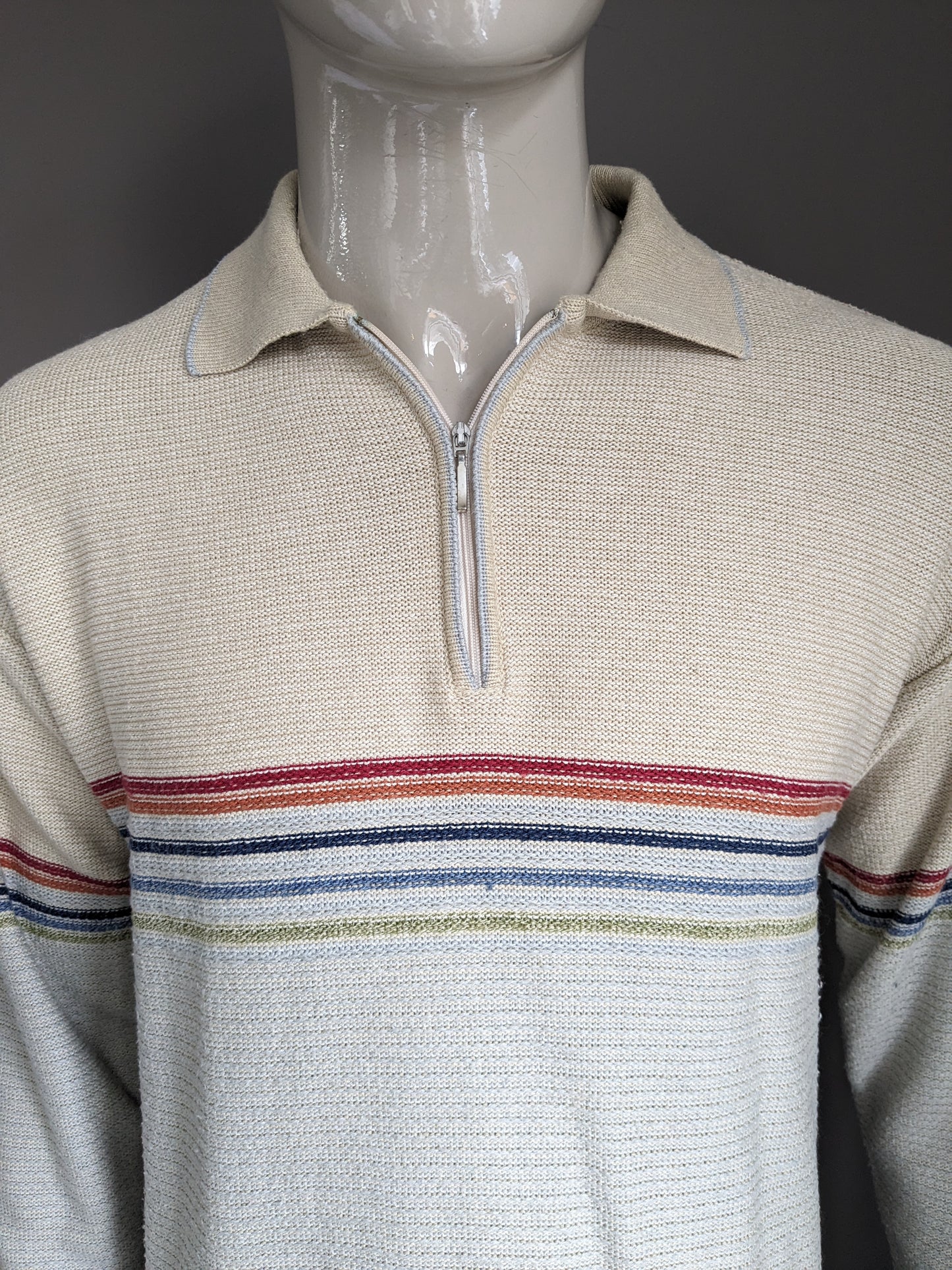 Vintage News Polo -Pullover mit Reißverschluss. Beige. Größe L.