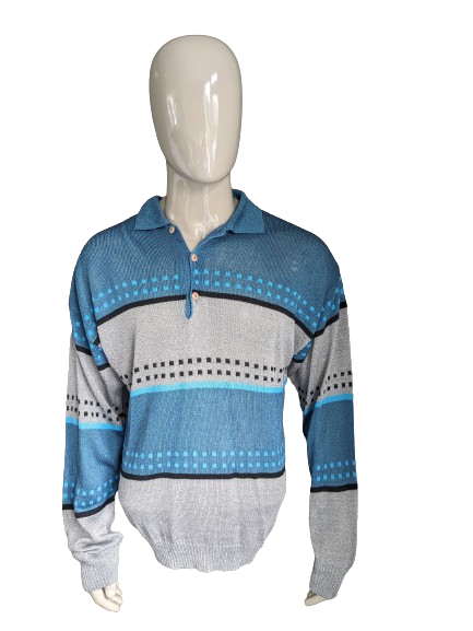 Vintage Gentile Polopullover. Blau grau lila schwarz. Größe L.