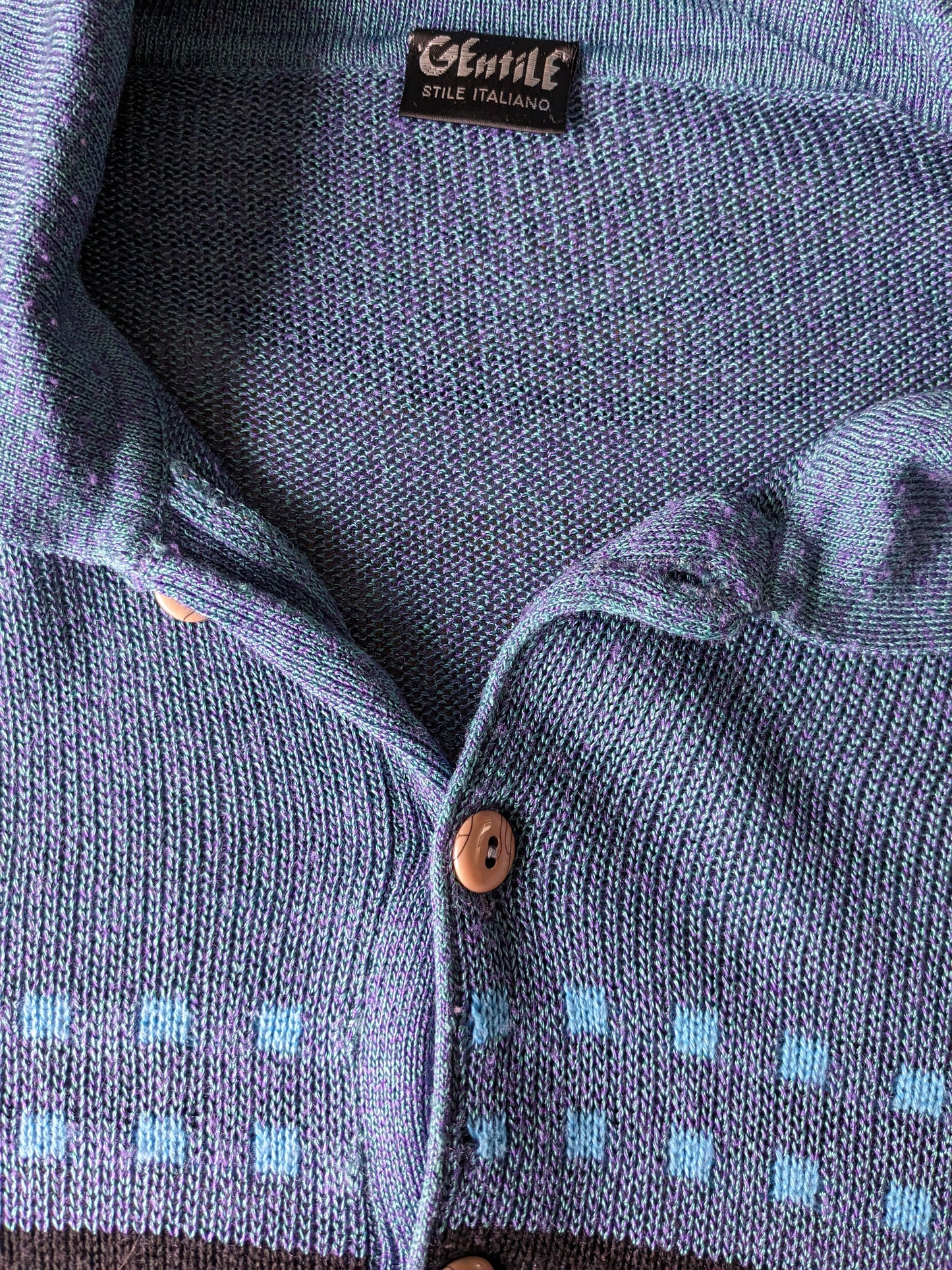 Suéter de polo gentil antiguo. Negro de color púrpura gris azul. Talla L.