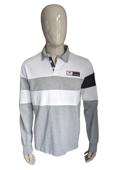 Pull polo Christian Berg. Rayé gris blanc. Taille L.