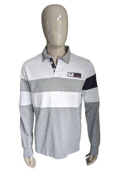 Pull polo Christian Berg. Rayé gris blanc. Taille L.