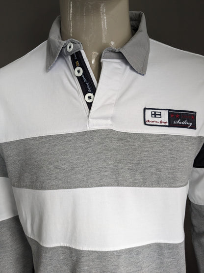 Pull polo Christian Berg. Rayé gris blanc. Taille L.