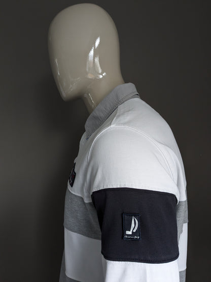 Pull polo Christian Berg. Rayé gris blanc. Taille L.
