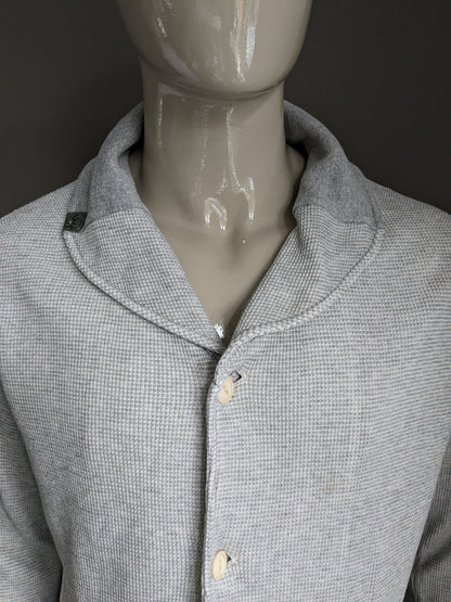 Cardigan Diesel avec col et boutons. Gris mélangé avec trous pour les pouces dans la manche. Taille L.