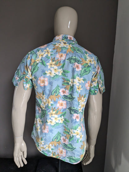 Petrol Hawaii shirt short sleeve. Blue Green Yellow Pink floral print. Size L.
