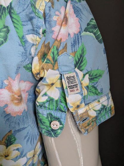 Petrol Hawaii shirt short sleeve. Blue Green Yellow Pink floral print. Size L.