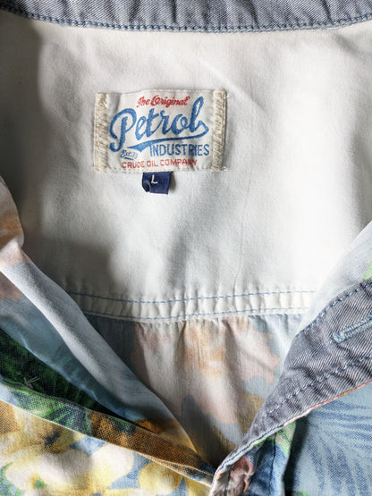 Petrol Hawaii shirt short sleeve. Blue Green Yellow Pink floral print. Size L.