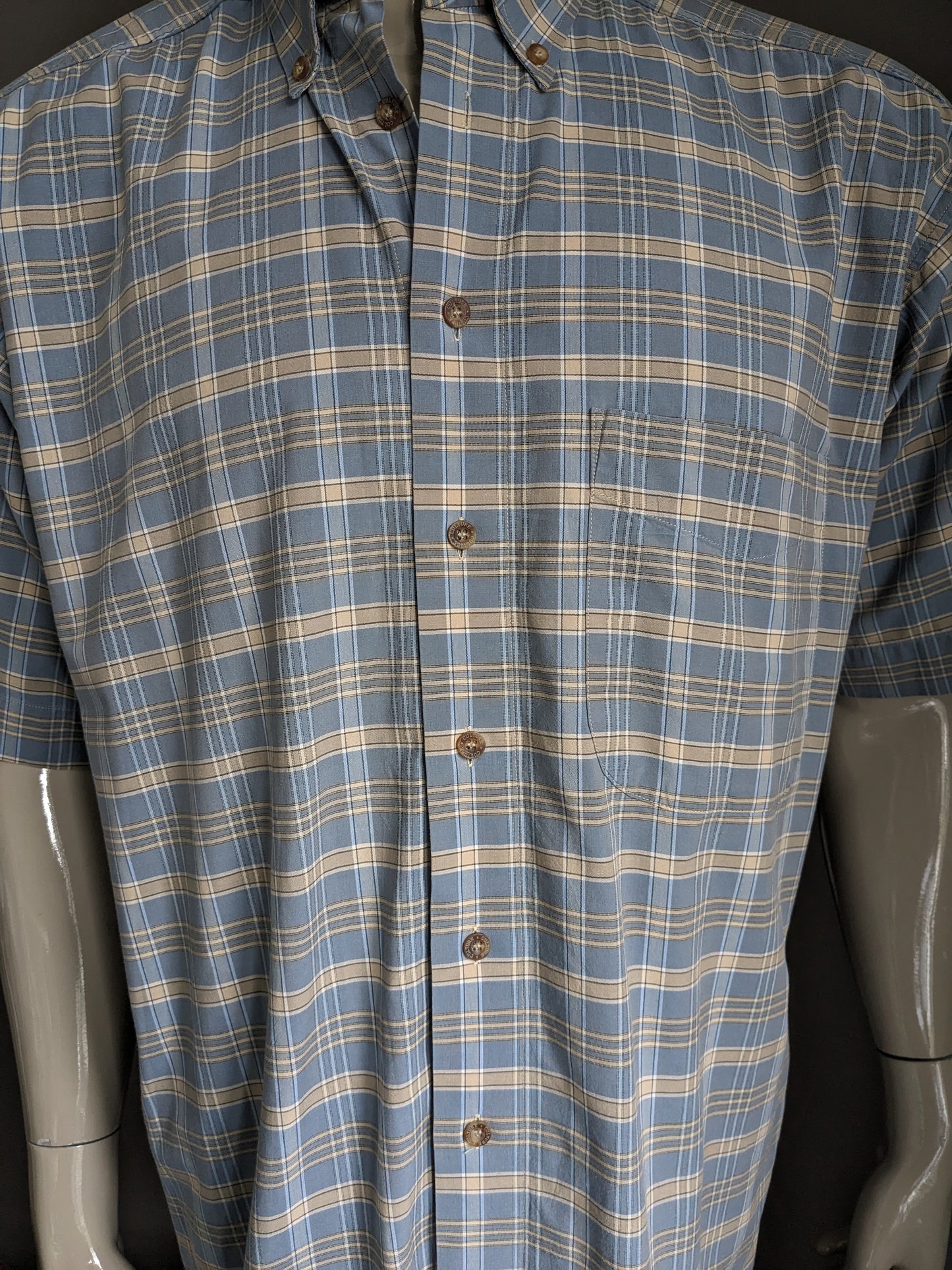 Vintage Culture Sports Shirt short sleeve. Blue beige checker. Size L / XL.
