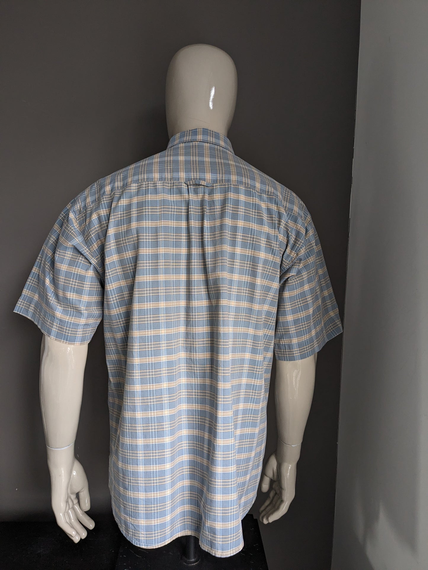 Camisa deportiva de cultura vintage manga corta. Verificador de color beige azul. Tamaño L / XL.