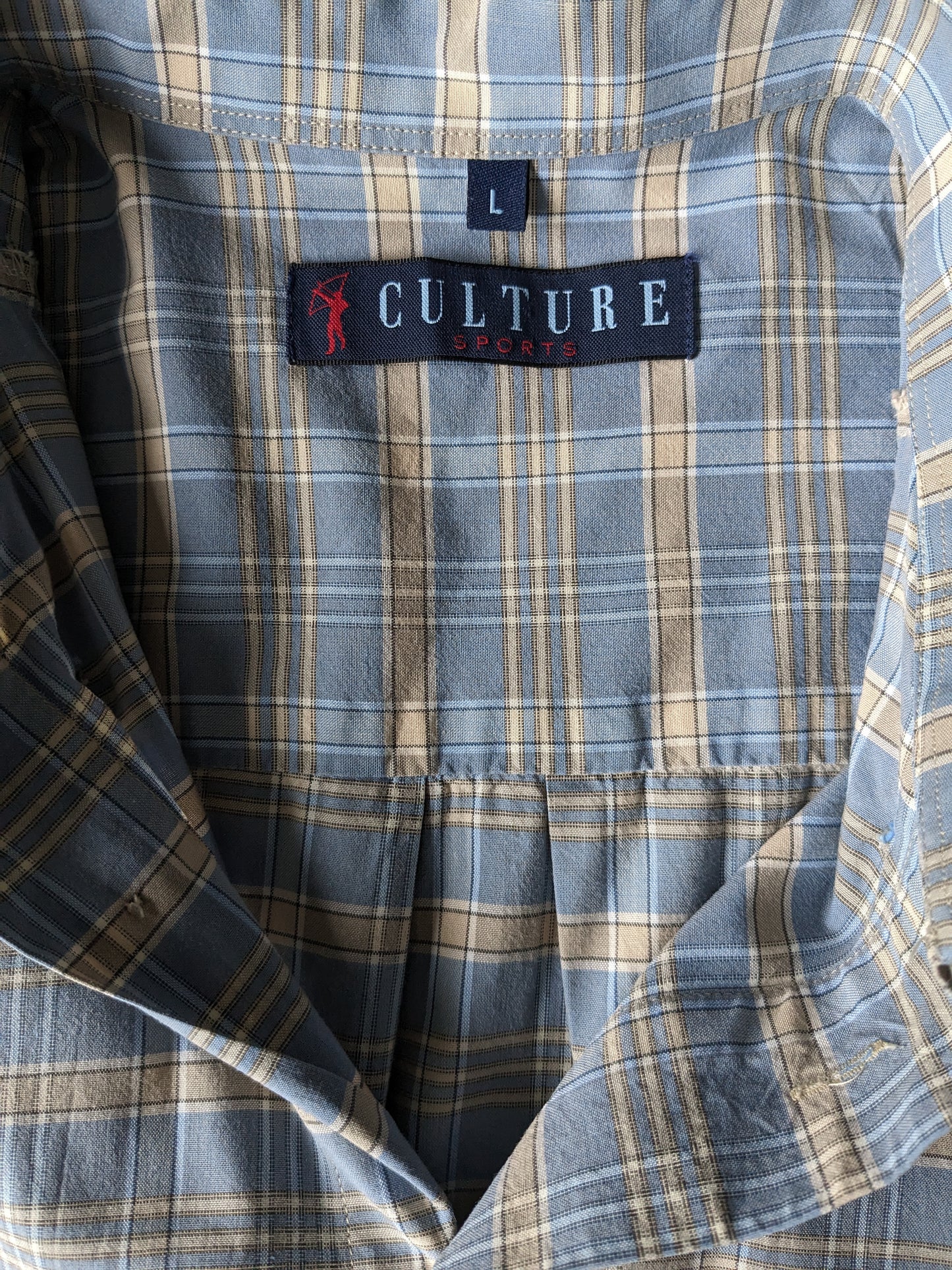 Vintage Culture Sports overhemd korte mouw. Blauw Beige geruit. Maat L / XL.