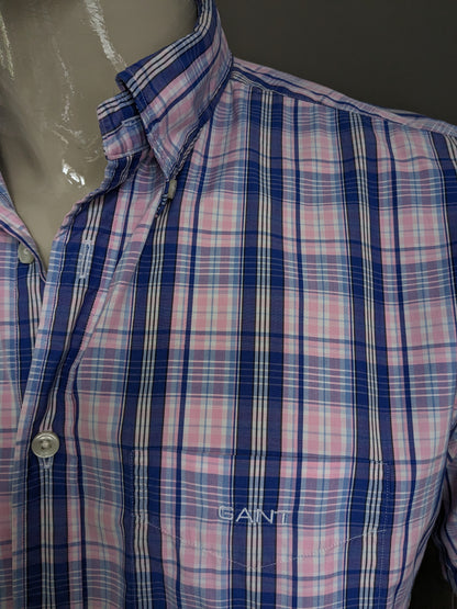 Gant short sleeve shirt. Pink Blue White checked. Size XL. Portofino Poplin. G-Z fit.