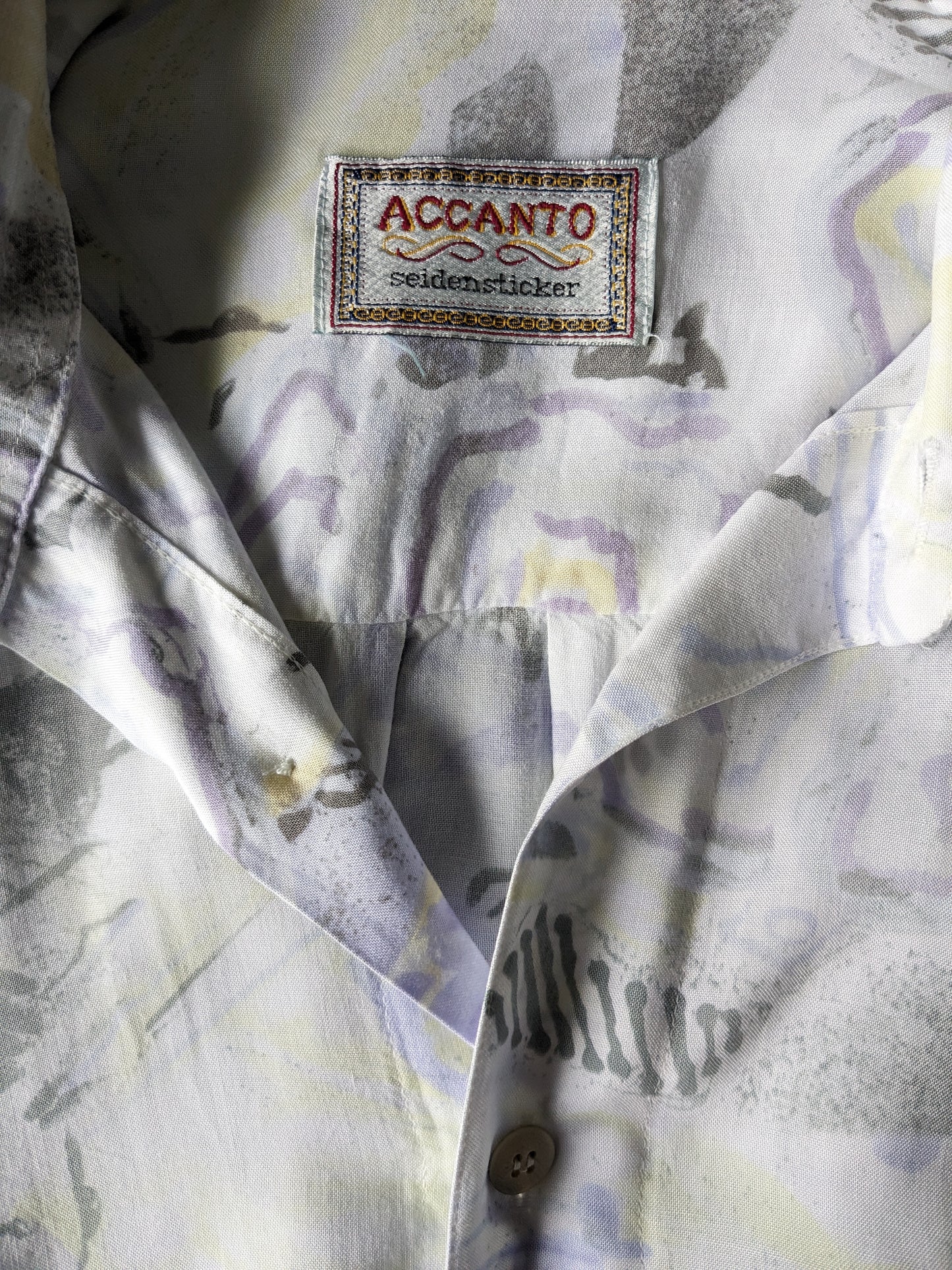 Vintage 90's Accanto overhemd korte mouw. Groen Paars Gele print. Maat XL.