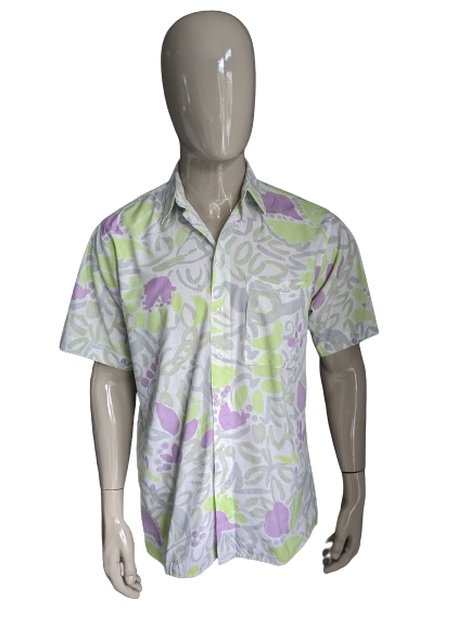 Vintage 90's silverstone shirt short sleeve. Purple green white print. Size L.