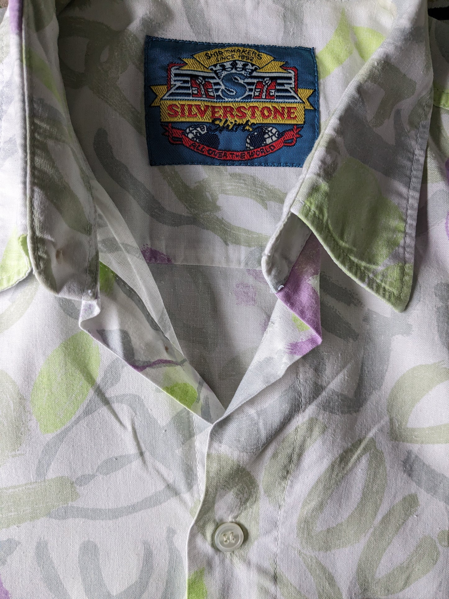 Vintage 90's Silverstone overhemd korte mouw. Paars Groen Witte print. Maat L.