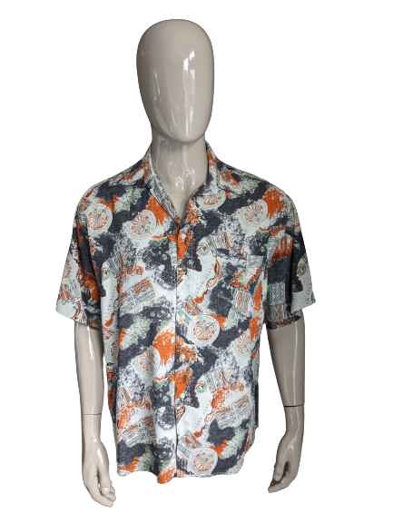 Vintage 90s J.S. Kurzarm-Shirt. Orangefarbener grau grüner Druck. Größe 2xl / xxl.