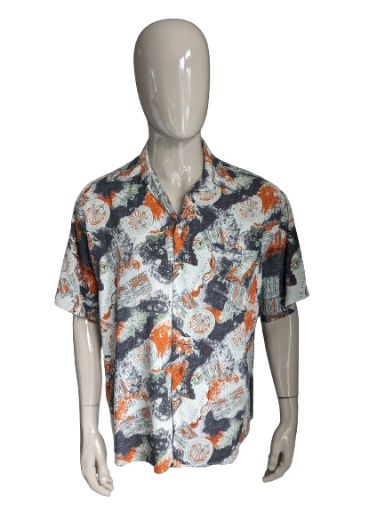 Vintage 90er Jahre J.S. Kurzarmhemd. Orange-grau-grüner Druck. Größe 2XL / XXL.