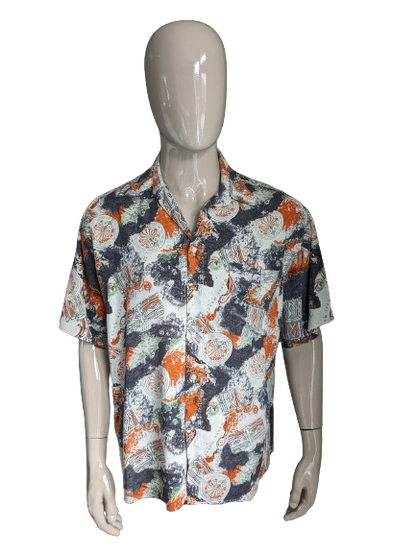 Vintage 90er Jahre J.S. Kurzarmhemd. Orange-grau-grüner Druck. Größe 2XL / XXL.