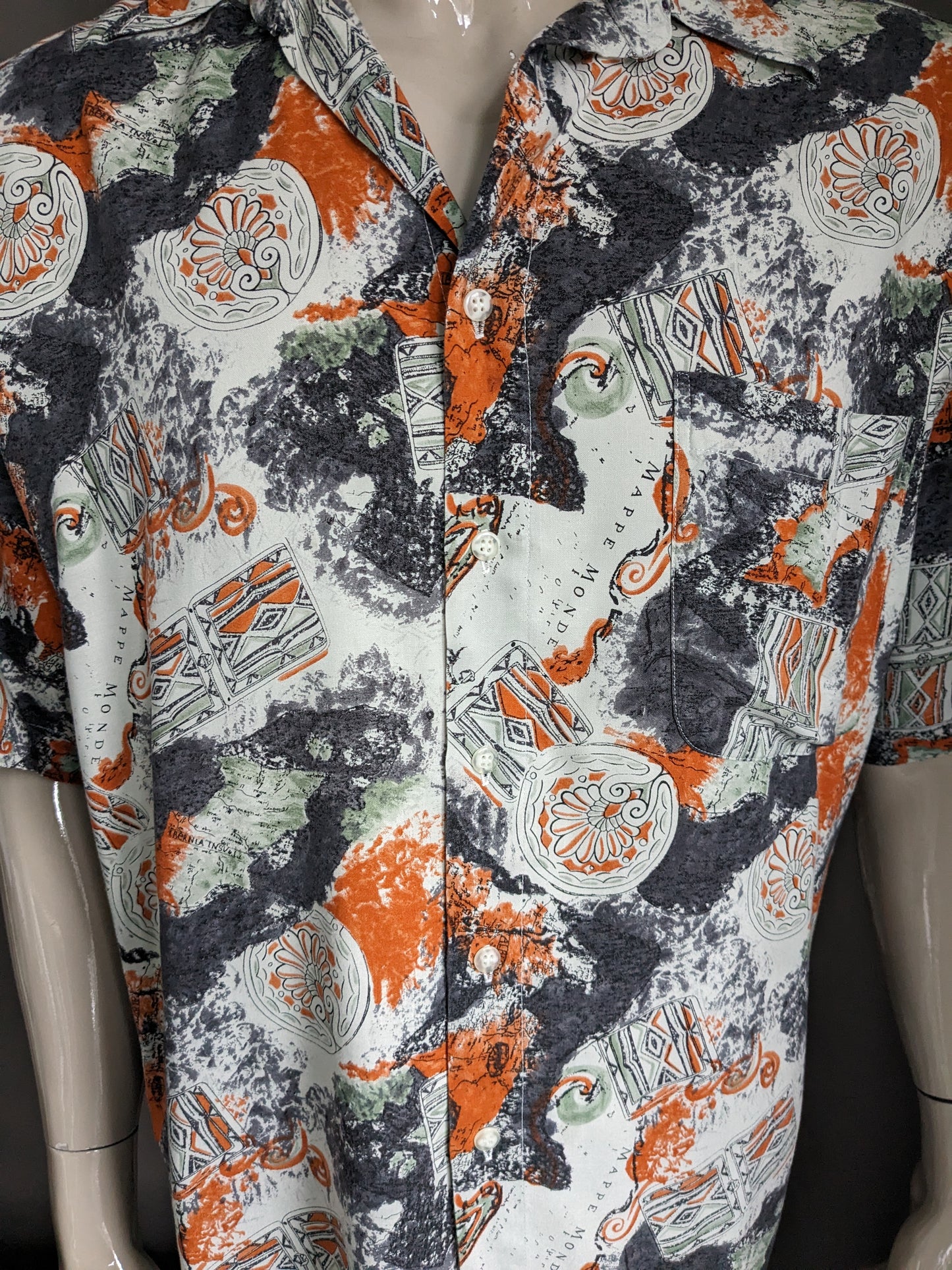 Vintage 90er Jahre J.S. Kurzarmhemd. Orange-grau-grüner Druck. Größe 2XL / XXL.