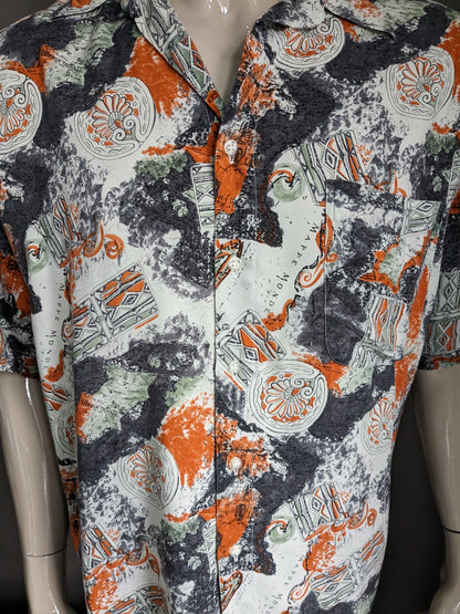 Vintage 90er Jahre J.S. Kurzarmhemd. Orange-grau-grüner Druck. Größe 2XL / XXL.