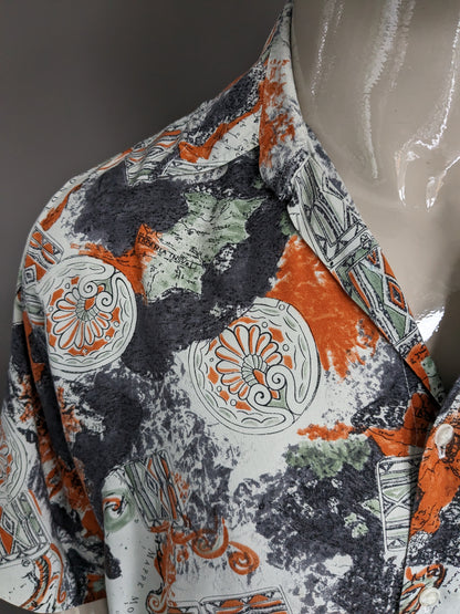 Vintage 90er Jahre J.S. Kurzarmhemd. Orange-grau-grüner Druck. Größe 2XL / XXL.
