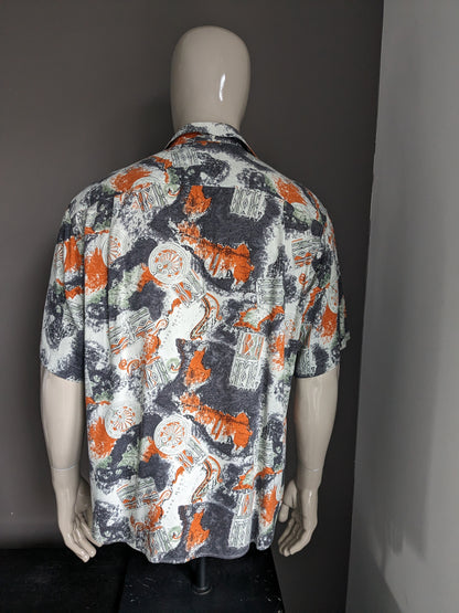 Vintage 90er Jahre J.S. Kurzarmhemd. Orange-grau-grüner Druck. Größe 2XL / XXL.