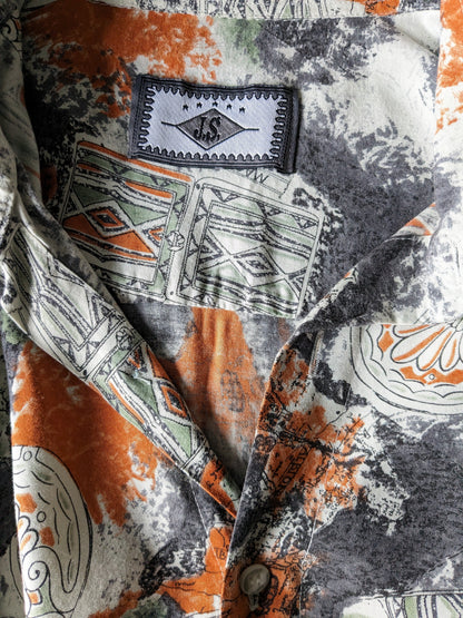 Vintage 90er Jahre J.S. Kurzarmhemd. Orange-grau-grüner Druck. Größe 2XL / XXL.