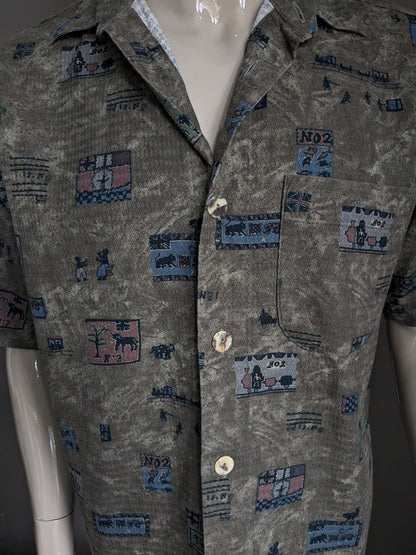 Vintage Signum Hemd kurzarm. Größere Tasten. Braungrün-blauer Druck. Größe XL.