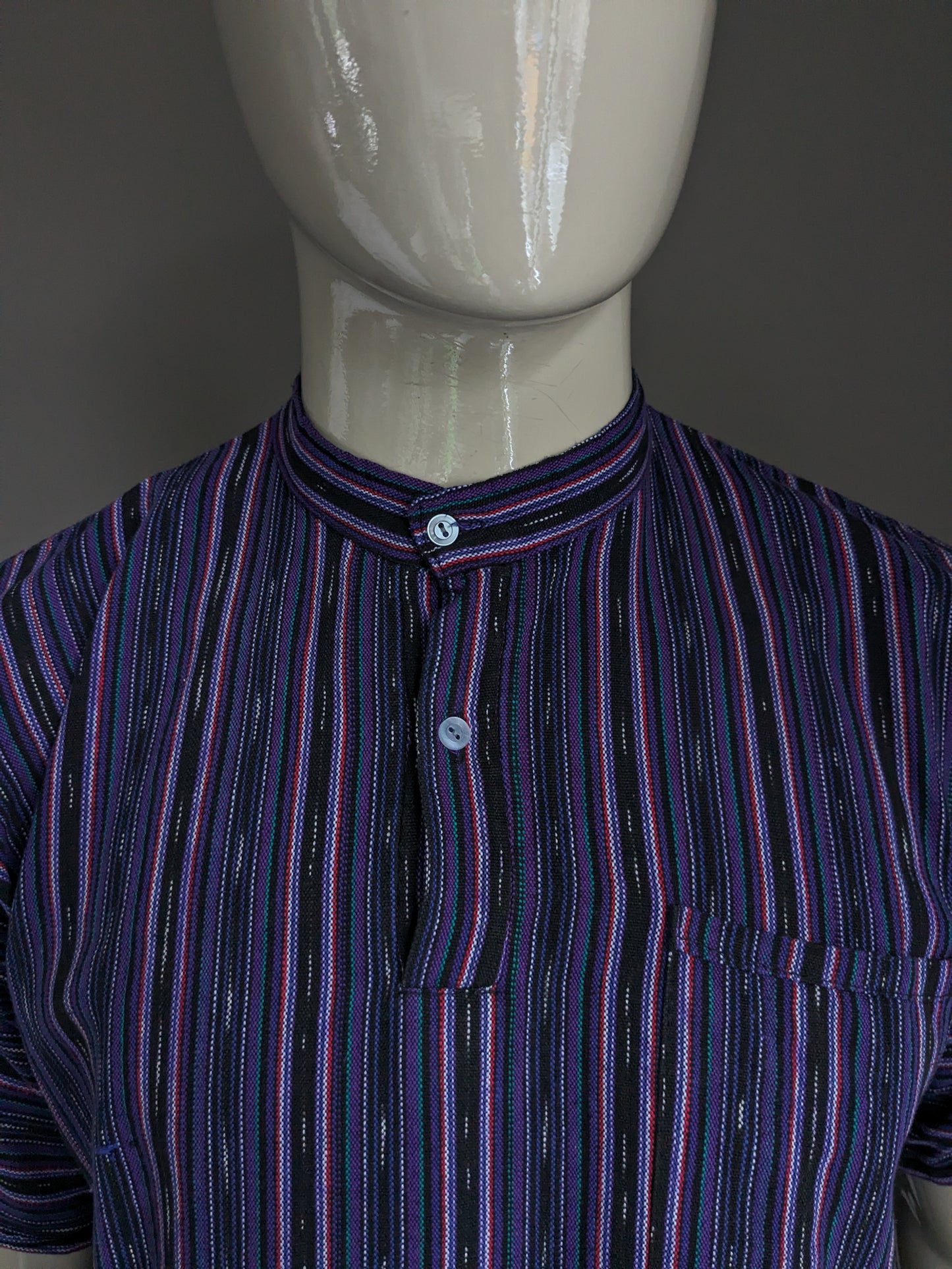Vintage polo with mao / farmer / raised collar. Purple green red black striped. Size L.