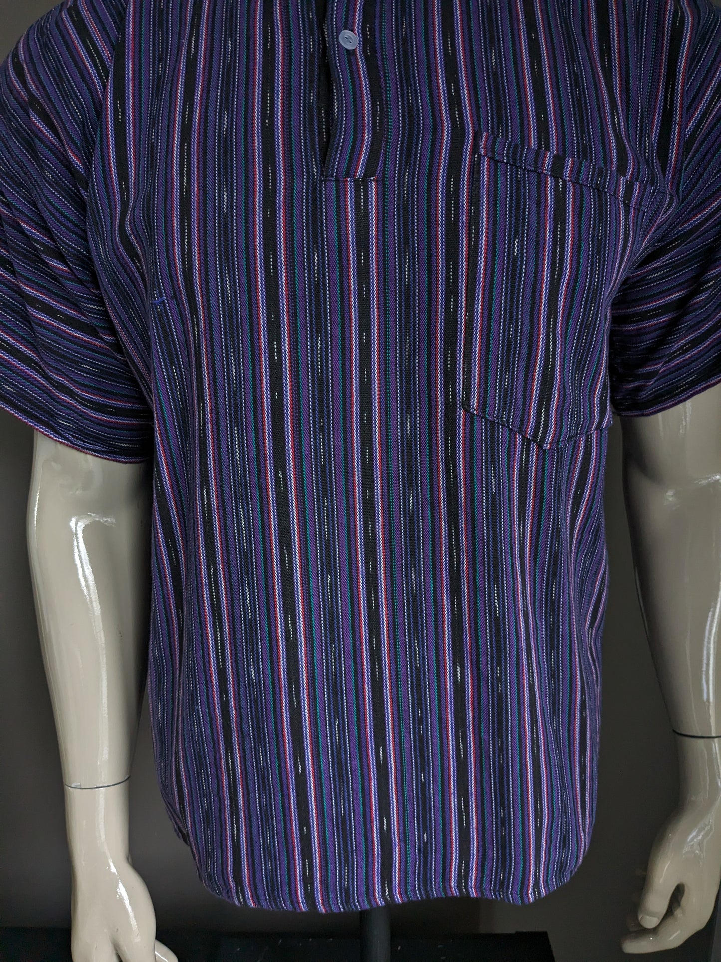 Vintage polo with mao / farmer / raised collar. Purple green red black striped. Size L.