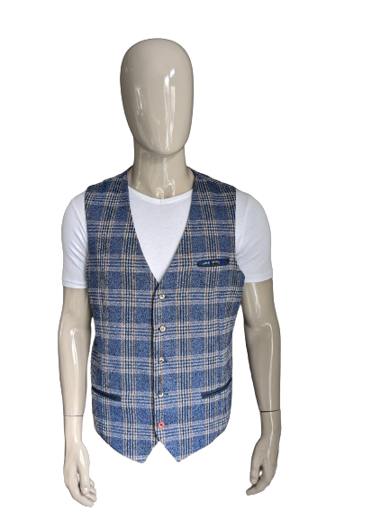 Fish named Fred gilet. Blauw Wit Bruin geruit. Maat 56 / XL.