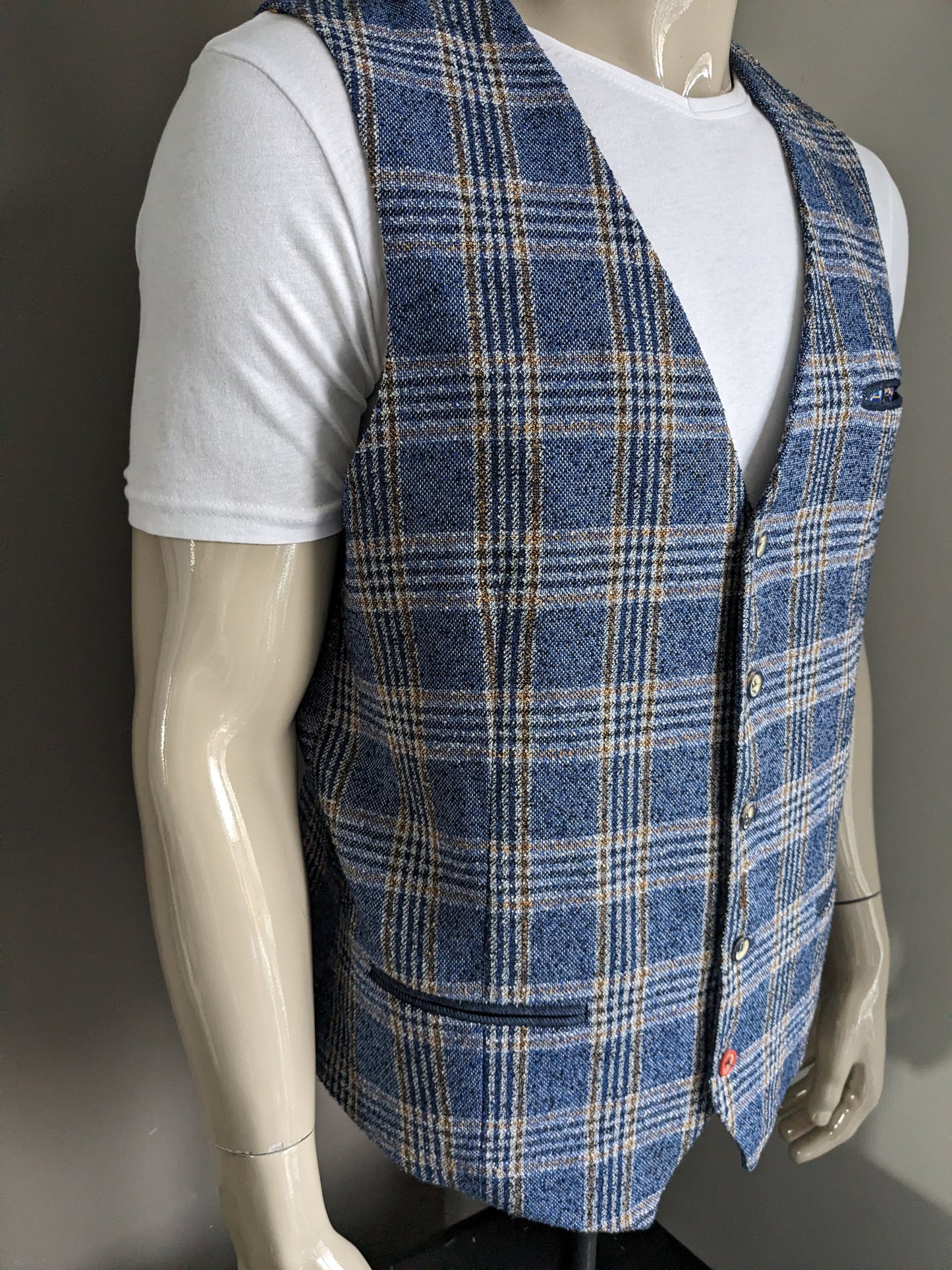 Fish named Fred gilet. Blauw Wit Bruin geruit. Maat 56 / XL.