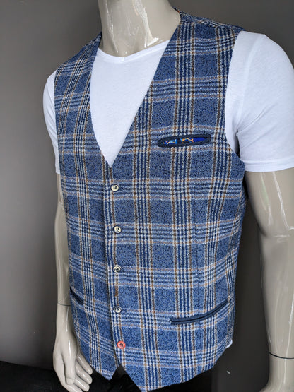 Fish named Fred gilet. Blauw Wit Bruin geruit. Maat 56 / XL.