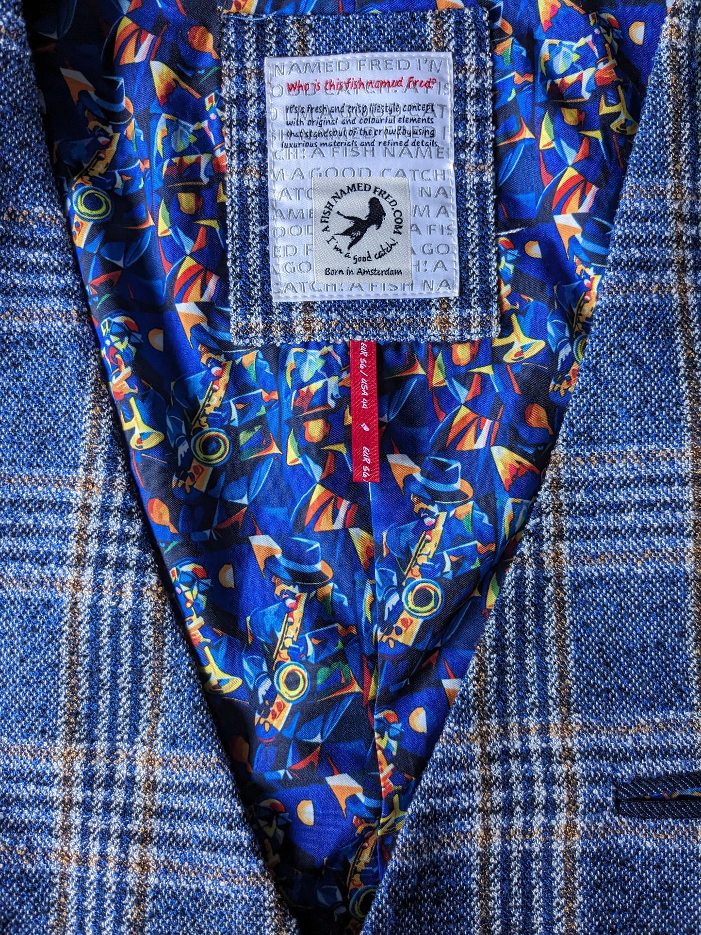 Fish named Fred gilet. Blauw Wit Bruin geruit. Maat 56 / XL.