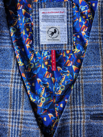 Fish named Fred gilet. Blauw Wit Bruin geruit. Maat 56 / XL.