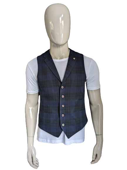Steven van Vliet Blue Line gilet met revers. Blauw Zwart geruit. Maat 48 / M.