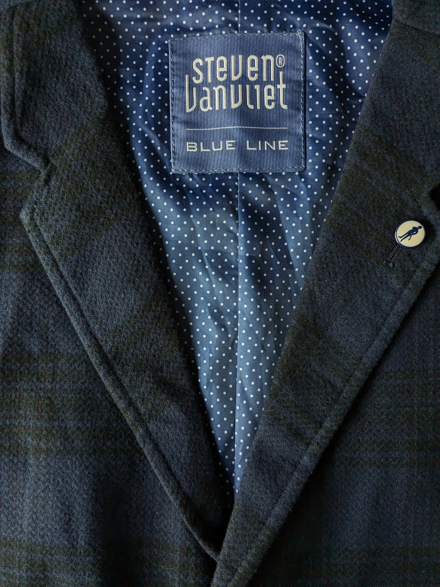 Steven van Vliet Blue Line waistcoat with lapel. Blue black checked. Size 48 / M.