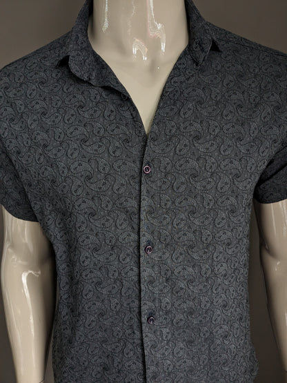 Chemise Mudenni manches courtes. Imprimé Paisley gris noir. Taille L. Extensible.