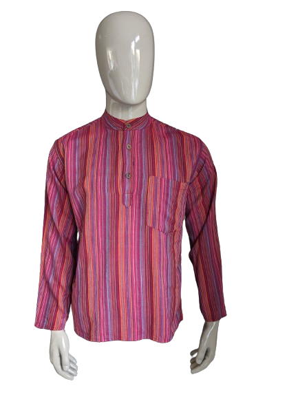 Vintage Modas Bagdad Polotrui / Hemd mit Mao / Steh- / Bauernkragen. Rot / farbig gestreift. Größe L.