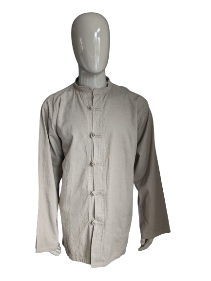 Camisa vintage con botones de tela y collar MAO / elevado / agricultor. Color beige. Tamaño 2xl / xxl.