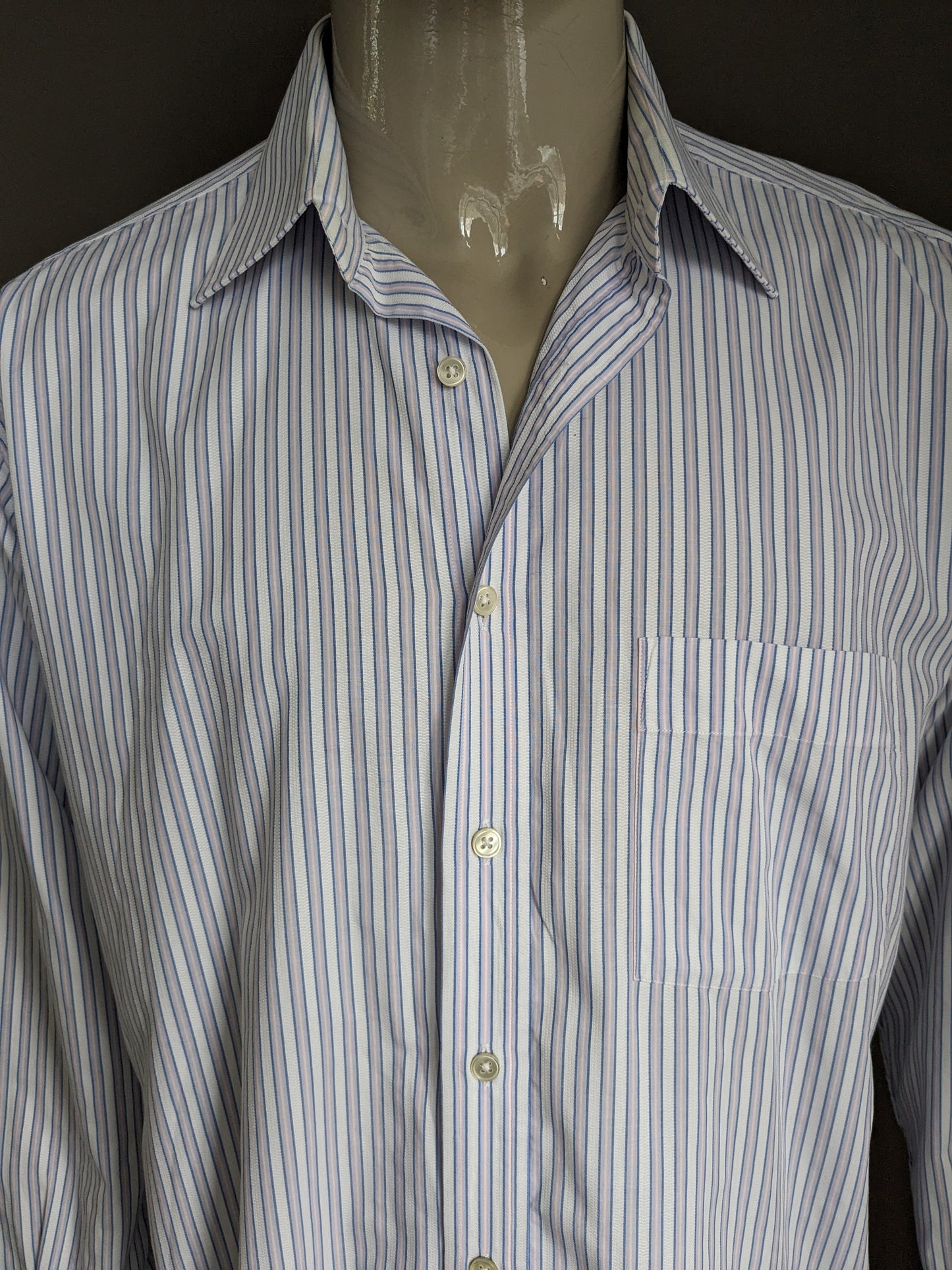 Vintage Arrow overhemd. Blauw Roze Wit gestreept. Maat XL.