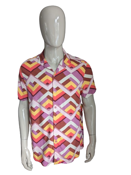 Asos design overhemd korte mouw. Paars bruin geel roze 70's print. Viscose. Maat XL.