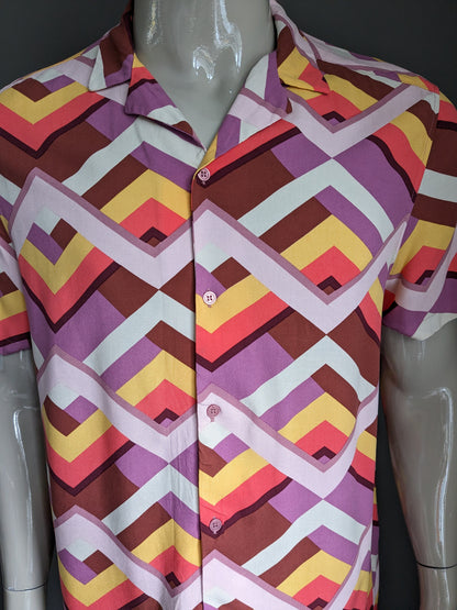 Asos design overhemd korte mouw. Paars bruin geel roze 70's print. Viscose. Maat XL.